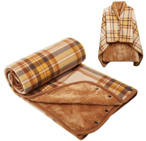 forestfish Tragbare Fleecedecke, kariert, Knietdecke, bequemer Poncho-Überwurf mit Knöpfen für Bett, Sofa, Büro, Gelb