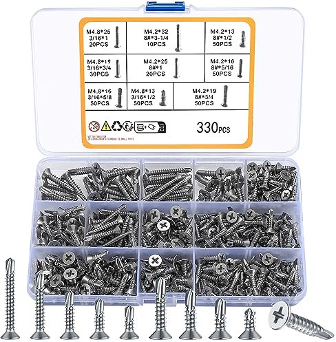 Viti autofilettanti a testa piatta, 330 pezzi, viti autofilettanti a croce in acciaio inox, n. 8 3/16 pollici, set di viti a testa svasata modificate wafer