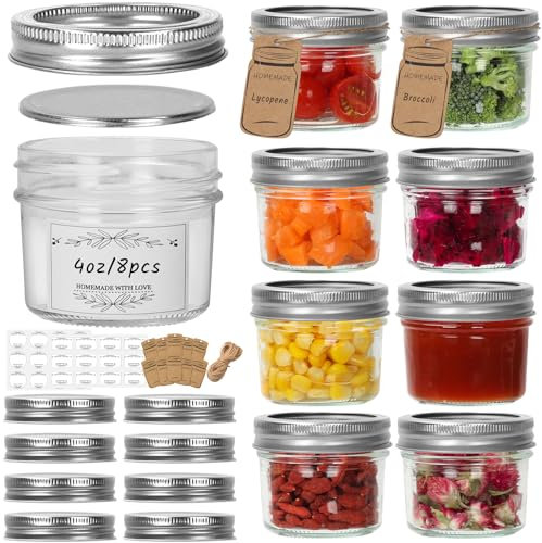 HYCKee Small Mason Jars 8 Pack, 4oz/120ml Mini Canning Jars with Regular Lids for Jelly Herbs Spice Honey Storage, Small Glass Jars Candle jars, Extra Lids Tags Label Included