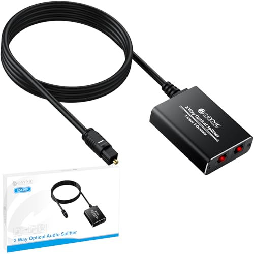 ESynic 2 Vie Toslink Splitter Audio Digitale 1 In 2 Out SPIDF Splitter Ottico 1 Entrata Maschio 2 Uscita Femmina con 1m Cavo Fibra Ottica per HDTV Console Soundbar Home Theatre