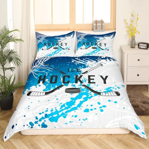 richhome Eishockey Spiel Bettwäsche Set für Kinder Jungen Mädchen, Blaue graue Hippie Graffiti Tröster Abdeckung Nettes Zimmer, Chic Winter Ice Sports Ultra Soft Bettbezug, 155x220 Quilt Cover