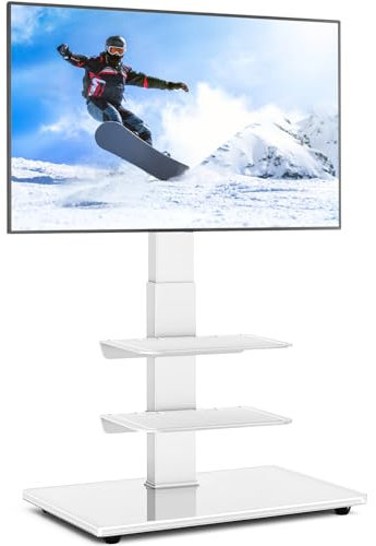 RFIVER Weißer TV Bodenständer TV Ständer TV Standfuß mit 3 Ablagen für 32-70 Zoll Flach Fernsehstand Höhenverstellbar Drehbar Max. VESA 400x400 mm bis 50 kg