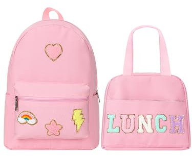 Bulyoou Preppy School Backpack Set for Girls Backpack and Lunch Bag with Chenille Patches Bookbag Back to School Gift, Pink, L