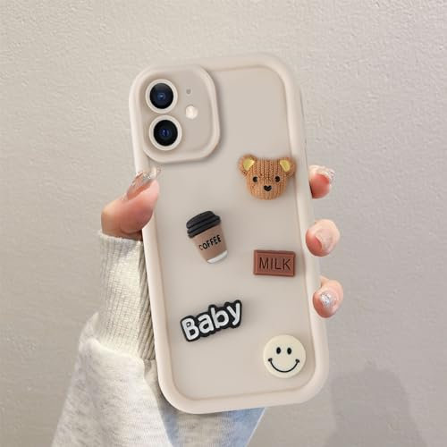 Coalbooliy Handyhülle für iPhone 12 hülle 6,1'', Aesthetic 3D Teddybär Muster Design Weiß Weiche TPU Silikon Stoßfest Kameraschutz Schutzhülle Bumper Ultra Dünn Mädchen Case, 03