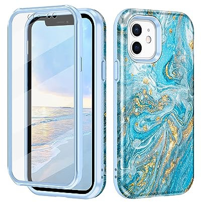 Petocase iPhone 12/iPhone 12 Pro Case, Built-in Screen Protector, Shockproof, Hard PC & TPU Bumper, Full Body Anti-Scratch Cover, Blue
