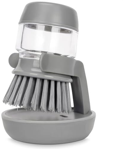 AIMIXUN Dish Brush with Soap Dispenser, Refillable Kitchen Scrubber with Holder and Drip Tray for Cleaning Pots, Pans, Sinks (Grey)
