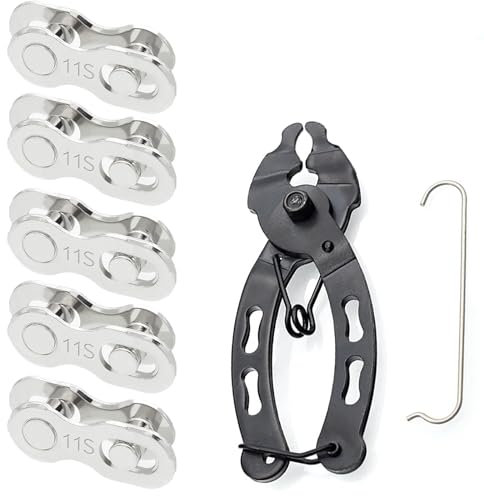 Dinghaole 5 Pair 11 Speed Bicycle Chain, Silver Steel Reusable, Free Chain Buckle Removal Tool and Stainless Steel Chain Hooks
