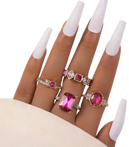4 teiliges Gold Ring Set für Damen Vintage Knöchel Stapelringe böhmische Kristall Fingerringe Rosenrot Strass Ringe geometrische Zirkonia-Kristallringe Schmuck für Teenager Mädchen Geschenke