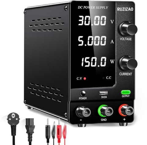 RUZIZAO Fuente de Alimentación Regulable 30V 5A, Fuente de Alimentación de Laboratorio con Codificador y Interruptor de Salida, Fuente de Alimentación de Banco Pantalla LED de 4 Dígitos y Puerto USB