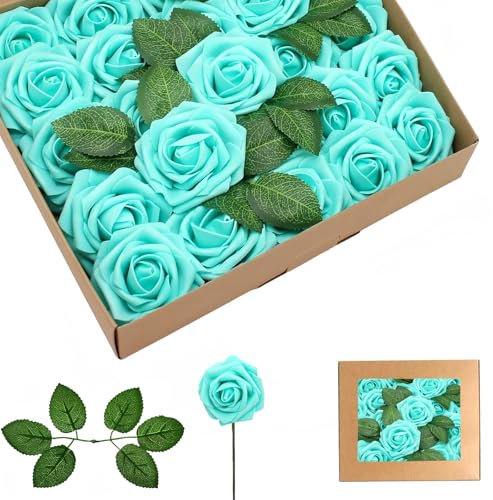 Lot de 25 roses artificielles vert clair, roses en mousse au toucher réaliste avec tiges, 4 feuilles, fleurs artificielles pour mariage, bouquets de mariée, gâteau, pierre tombale, centre de table