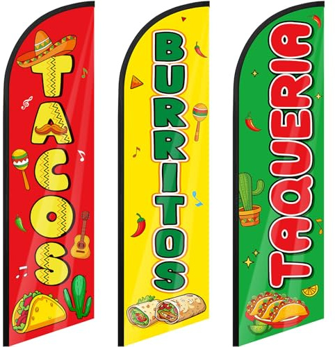 Remagr 3 Pcs Tacos Burritos Mexican Food Feather Flag Restaurant Signs Restaurant Flags Business Advertising for Mexican Restaurant Store