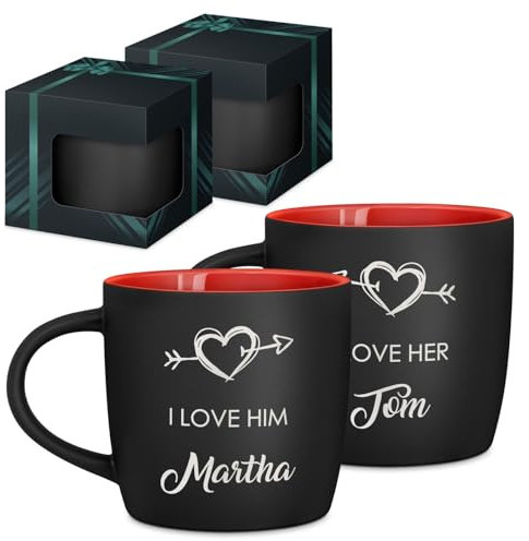 Maverton Set of 2 Cups for Friends - Customised Couple Mug Set - Matching Cups with Prints for Birthday - Housewarming Wedding Set - Coffee and Tea Mugs with red Interior - Arrow
