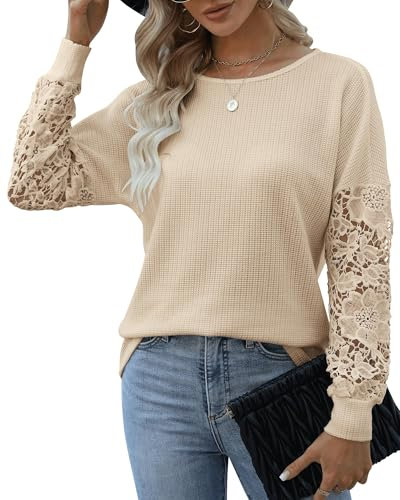 Hount Damen Pullover Elegant Bluse U-Boot Ausschnitt Langarmshirt mit Spitze Oberteile Pulli (L, Beige)