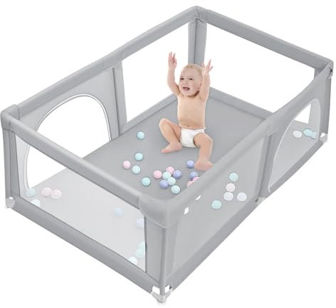 Laufgitter für Babys, 180 x 120 cm, modular, faltbar, großer Laufstall für Kleinkinder mit Reißverschlusstür, bringen Sie 50 Meereskugeln (flaches Grau)