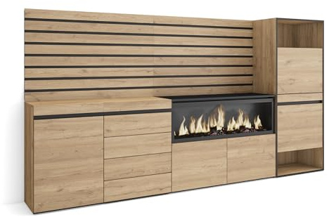 Skraut Home | Sideboard, Kommode | Aufbewahrungsschrank | 274x145x35 cm | Für Schlafzimmer, Zimmer | Elektrokamin XXL | Kommode mit Schubladen | Schuhschrank | Moderner Stil | Eiche