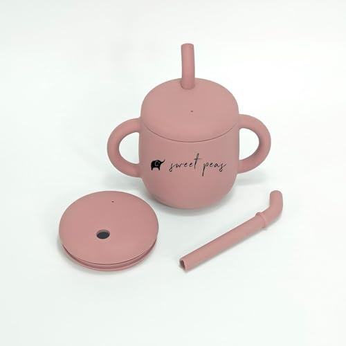 Sweet Peas - Taza de silicona para sorber (rosa polvo), sin BPA, a prueba de derrames, apta para lavavajillas, ligera y respetuosa con el medio ambiente, popote intercambiable y tapa para sorber,