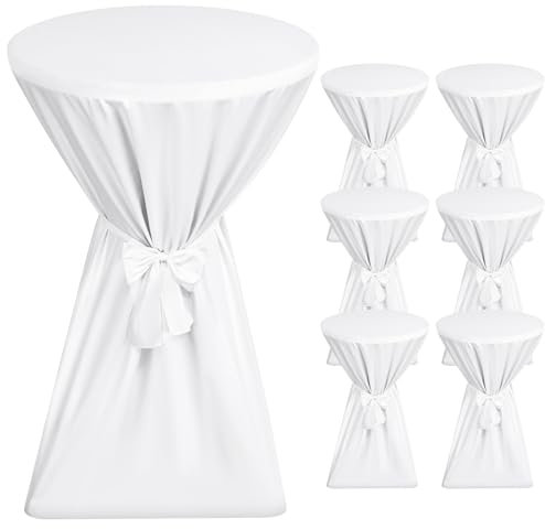 Showgeous 6er-Set Premium Stehtischhussen 60 cm Weiß Tischhussen für Stehtische 60 cm Stehtisch Husse, rutschfest & Waschbar Stehtischüberzug Schleifenband, Husse für Stehtisch Bistrotisch