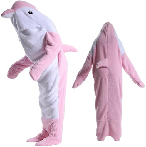 HULG Delphin Decke Hoodie, Kuscheldecke Mit Ärmeln Flauschig Wohndecke,Delphin Decken Kapuzenpullover,Delphin Overall Onesie, Delphin Tragbare Decke Für Erwachsene Und Kinder Geschenke (Pink,M)