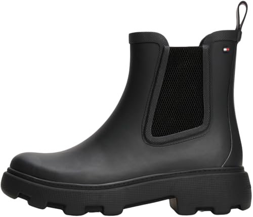 Tommy Hilfiger Donna Stivali in Gomma Rubber Rainboot con Tacco Quadrato, Nero (Black), 39