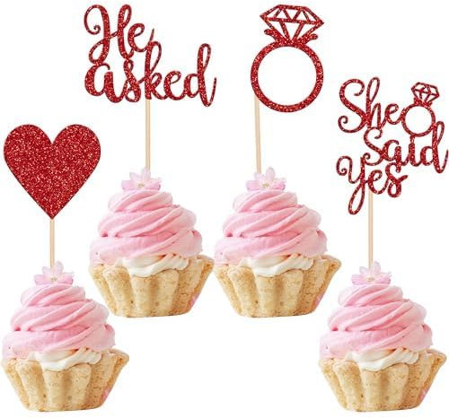 Xsstarmi 24 Pack He Asked She Said Yes Cupcake Toppers - Red Glitter Heart Ring Wedding Engagement Cupcake Picks for Wedding Bridal Shower Party Cake Decorations