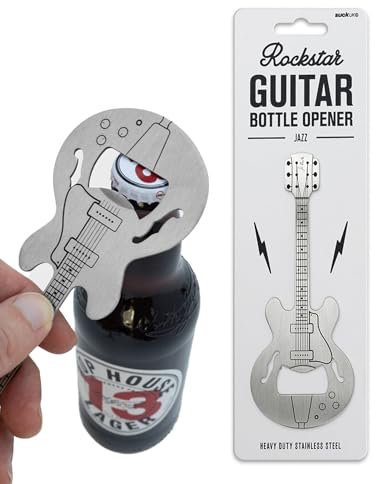 Suck UK Guitar Bottle Opener - Heavy Duty Stainless Steel Flat Bar Blade | Beer Cap Remover | Pub & Home Bar Accessory | Pocket Size Kitchen Gadgets | Novelty Gift for Men & Music Lovers | Jazz
