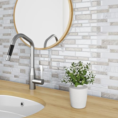 Livelynine Bathroom Tile Stickers 3D Kitchen Tile Stickers Taupe White Stone Effect 30x30CM 16 Sheets Waterproof Self Adhesive Wall Tiles Kitchen Splashback Fireplace Surround Bathroom Tiles Stick on