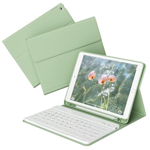 KVTVOU Keyboard Case for iPad 9th/8th/7th Generation 10.2 Inch 2021/2020/2019 with Pencil Holder, Detachable Wireless Bluetooth Keyboard, Soft TPU Back, Stand Folio Cover, Matcha Green