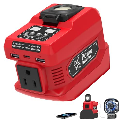 220W Power Inverter Compatible with Milwaukee 18V Battery, DC 18V to AC 110V-120V Portable Power Generator, Inverter with 2 USB Ports 1 Type-C 1 AC Outlet, 400 Lumen Light