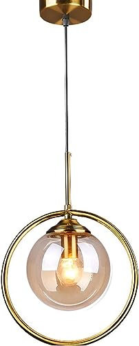 ZTTECH Lámpara Colgante Moderna y Minimalista con Pantalla Esférica de Vidrio y Aro de Latón, Altura Ajustable para Comedor, Dormitorio y Sala de Estar (Ámbar)