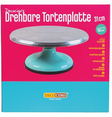 DECOCINO Drehbare Tortenplatte - modernes Türkis trifft auf Edelstahl, Drehbare Tortenplatte, Drehteller, zum Dekorieren von Torten, Fondanttorten, Motivtorten, Profiqualität