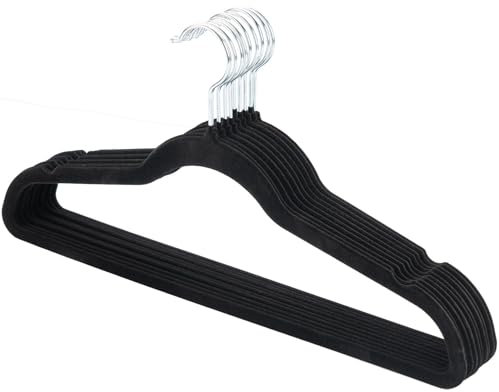 Kleiderbügel Samt 10er Set, Bügel, rutschfest, mit 360° drehbarer Haken, 45cm lang, 0,6 cm dick, Platzsparend, für Mäntel, Hemden und Anzüge, Schwarz