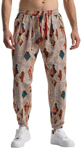 MakingDa Pantalon de jogging en coton pour homme avec taille élastique, imprimé paisley, style hippie - Pantalon à jambes larges - Coupe ample - Confortable pour la plage, la marche, la course et le