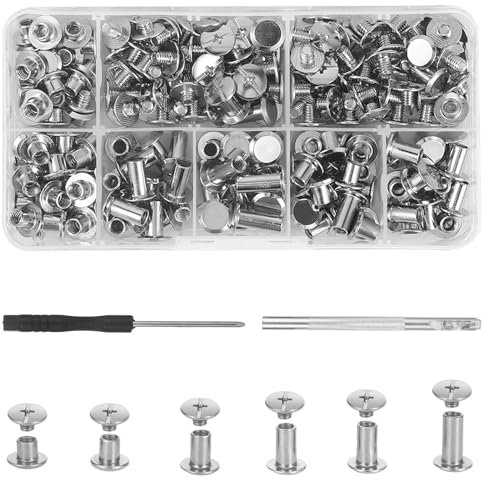 110 Satz Schraubnieten Silber, Leder Nieten Set mit Werkzeug, Madenschrauben Set, Hülsenschrauben Buchschrauben Hohlnieten Chicago Schrauben, Hülsenmutter M5 x 4/5/6/8/10/12