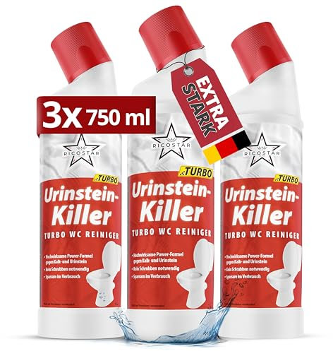 Ricostar Urinsteinentferner EXTRA STARK [Profi-Qualität] 3x 750ml | Made in Germany | WC Reiniger extra stark | Toilettenreiniger extrem stark | Putzmittel | Antikalk Reiniger | Kalkreiniger