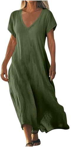 AACH Strandkleid Damen Lang Sommerkleider Elegant Kurzarm Freizeitkleid Lose Boho Maxikleid V-Ausschnitt Kleider Baumwolle Leinen Kleid Beach Einfarbig Leinenkleid Casual Fließend Blusenkleid