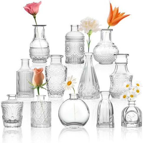 Bud Vases Set of 12, Small Clear Glass Flower Vases, Mini Vintage Bottles for Wedding Table Centrepieces, Home Decor & Rustic Party Decorations