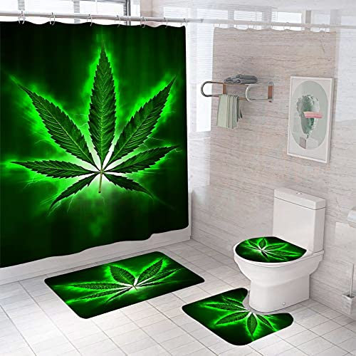 Badgarnitur 3 Teilig Badezimmerteppich Waschbar Badematte rutschfest,Wc Vorleger Mit Ausschnitt Und Badematte, Badvorleger Toilette Teppich 45X75Cm Grünes Blatt