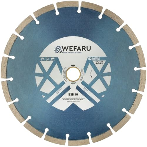 WEFARU Diamanttrennscheibe BSB 10 Ø 250 mm – Trennscheibe mit 10 mm Block-Segmenten – für Beton, Ziegel, Kalksandstein – Ø 250 x 25,4/22,23 mm – Nass & Trocken – Tischsägen