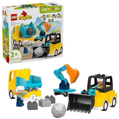 LEGO DUPLO Town 3 in 1 Construction Vehicles Toys for Toddlers - Learning & Pretend Play Set for Boys & Girls, Ages 2+ - Building Blocks for Fine Motor Skills Practice - Gift for Birthdays - 10475