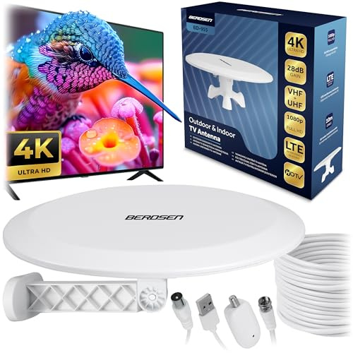 Berdsen DVBT2 Antenne mit Verstärker 28 dB - Zimmerantenne Fernseher - 10 m Kabel - 80 km Reichweite LTE Filter DVB-T DVB-T2 - Weiß