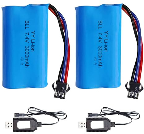 2 Pcs 7.4 V Li-ion Battery, 3000mAh Lithium-Ionen Akku mit SM-3P Stecker, UBS Ladekabel, Wiederaufladbare Battery, Li-Ionen-Akku für RC Fahrzeuge, Panzer, Auto, Roboter, Stunt Car
