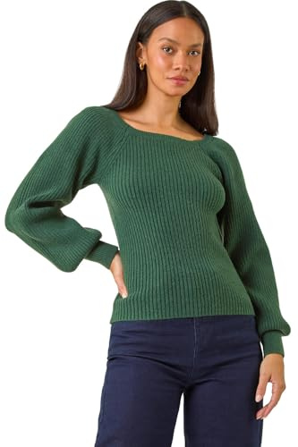Dusk Fashion Ribbed Blouson Knit Jumper for Women UK - Ladies Everyday Autumn Winter Shaped Neckline Comfy Soft Evening Vacation Work Party Night Out - Forest - Size 16