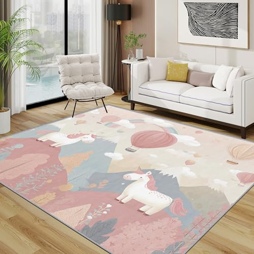 TerroVee Einhorn Teppich Wohnzimmer 160x230 cm, Kinderzimmer Fantasty Tiere Teppiche, Kinderzimmer Einhörner Regenbogen Waschbar Kurzflor Groß Teppiche Für Schlafzimmer Kinderzimmer, Rosa Weiß Blau
