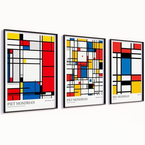 MJ-GRAPHICS® Piet Mondrian Poster Moderne Kunst mit Rahmen Wandbilder Wohnzimmer Abstrakte Bilder Set A3 Kunstdrucke Deko Schlafzimmer 3er Set Wanddeko Bilder mit Rahmen Poster