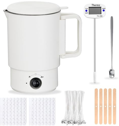 BIZOI Elektrischer Wachsschmelzer für die Kerzenherstellung, Kerzen Selber Machen Set mit 800 ML Wachsschmelztopf, Thermometer, Kerzendochte, Dochtaufkleber, Dochthalter und Rührlöffel