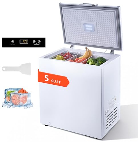 VEVOR Chest Freezer, 5 Cu.ft Compact Deep Freezer, Free Standing Top Open Door Chest Freezers with 2 Removable Baskets & Adjustable Thermostat - Energy Saving, Low Noise & Garage Ready, White