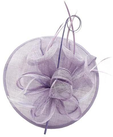 Sinamay Petunia Flower Fascinator with Saucer Base | Elegant Headband Hat for Weddings, Tea Parties, and Races | Orange Feather & Gauze Headpiece (Lilac)