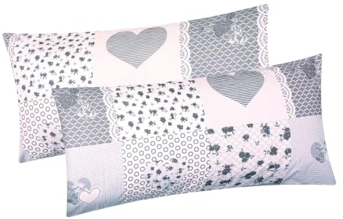 Renforcé Kissenbezug 2er Set 40x80cm Landhaus Herzen Grau (EW-422/1-40x80) | 100% Baumwolle, Kopfkissen-Bezug, Kissenhülle, Dekokissenbezug, Reißverschluss - Blumen Muster in Landhaus Style