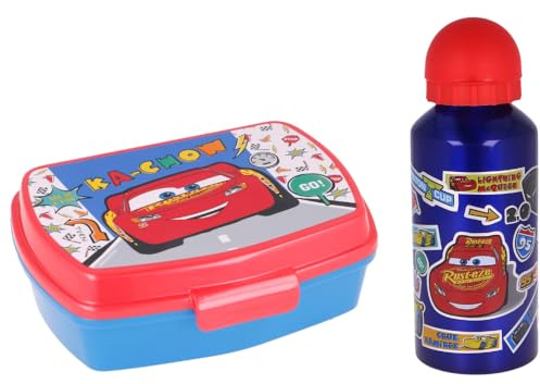 Disney Cars Lightning McQueen Kinder Lunchset 2-teilig, Brotdose mit Alu-Trinkflasche 400 ml, Frühstücksset für Kindergarten Schule