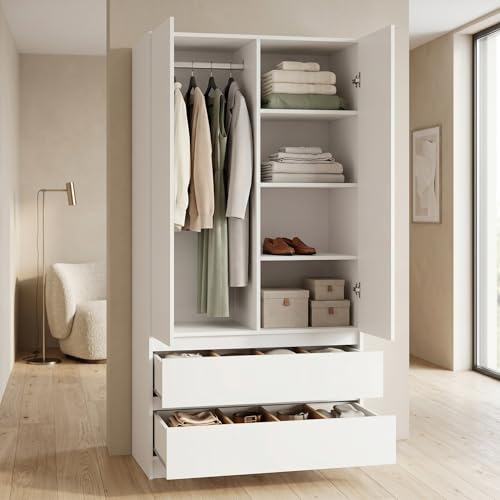 Happy Babies Kleiderschrank Zweifarbig 90 cm Anthrazit/Weiß | Drehtürenschrank mit 2 Schubladen | Moderne Schlafzimmer Garderobe, Jugendzimmer 90x180x50 (Weiß)